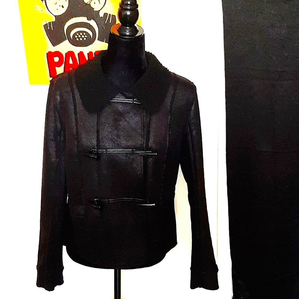 F21 black shimmery coat with faux shearling collar